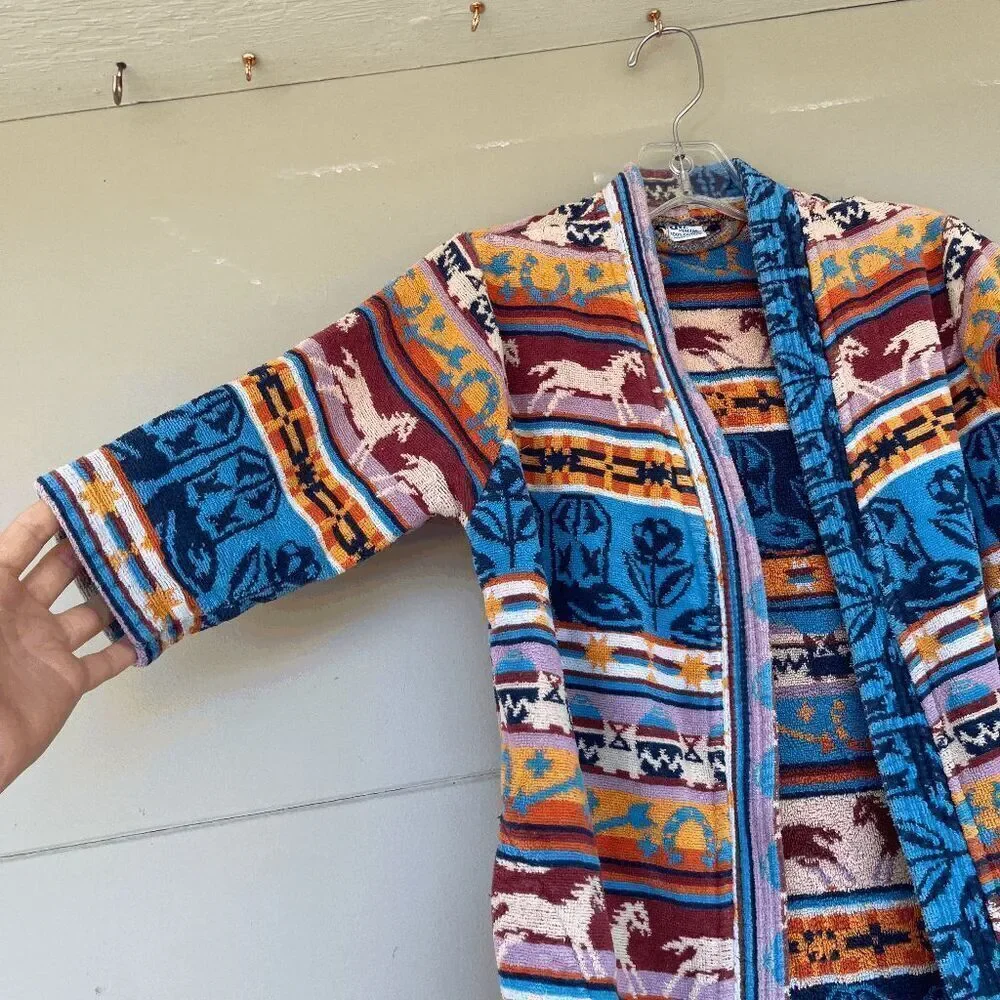 VTG J by Monarch Kids Terrycloth Robe Southwest Horse Print Made in USA Cotton